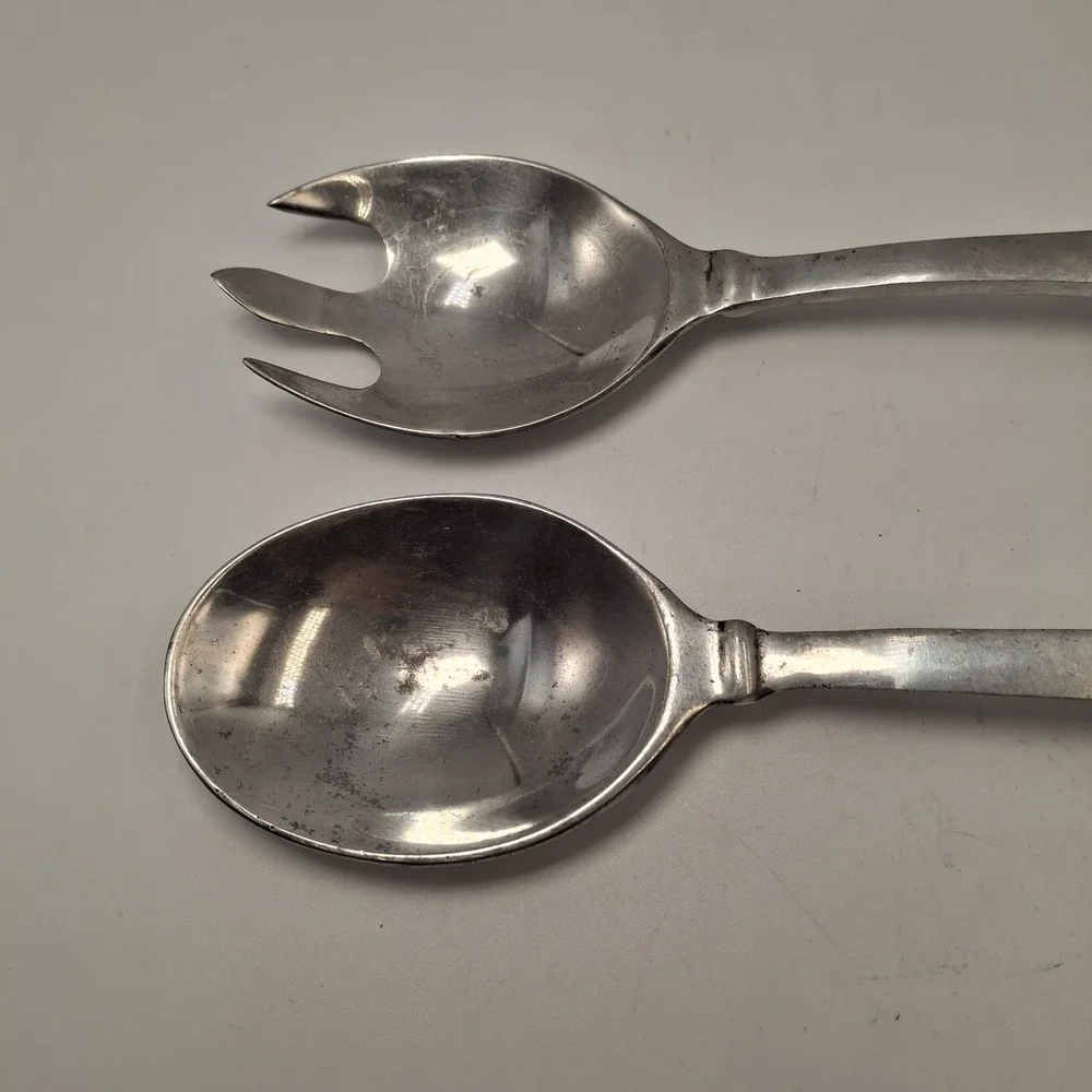 Vintage Mexican Pewter Salad Servers Set Daisy Floral Cast Aluminum Hecho Mexico